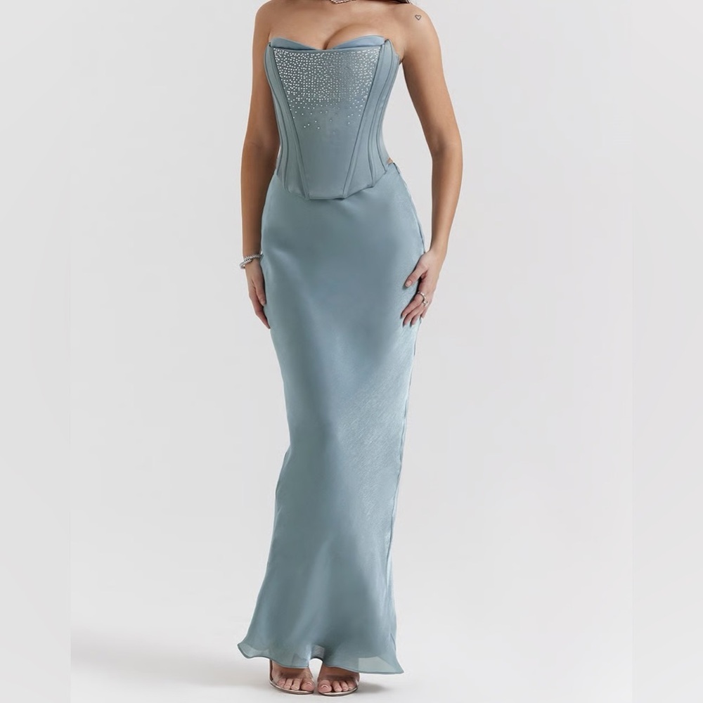 House of CB Nastassia Cool Blue Embellished Satin Corset Top